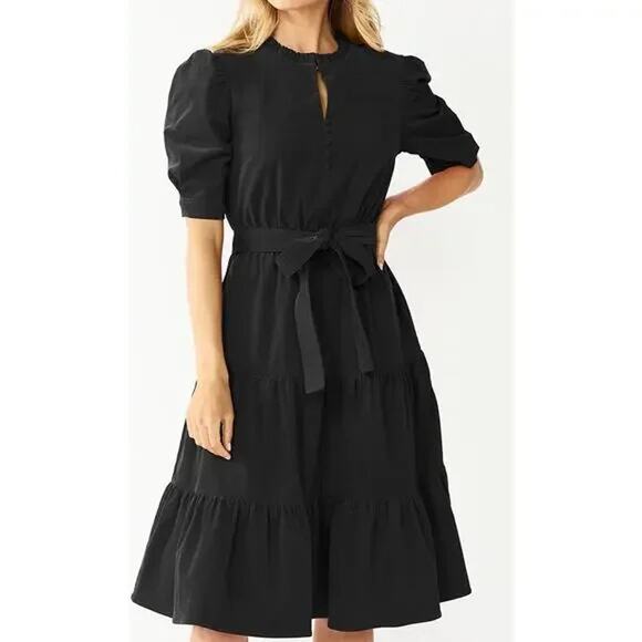 Draper James M Puff Sleeve Tiered Ruffle Neck Button Micro Corduroy Belted Dress - Picture 1 of 11